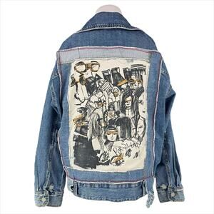 ZARA Denim Moto Biker Jacket w/ Stitched Graphic Back "Por Si Las" Size XS-S